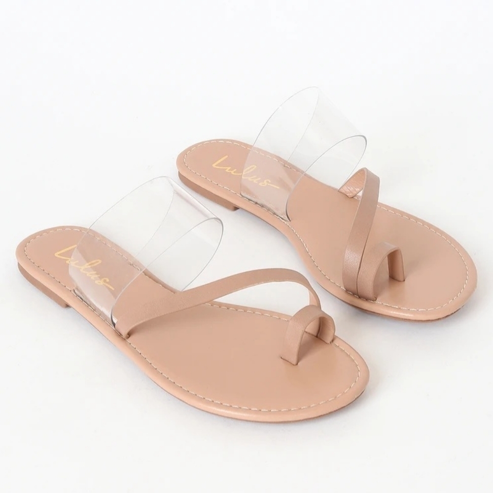 Lulus Avena Nude and Clear Faux Leather Flat Strappy Sandals Size 7.5
